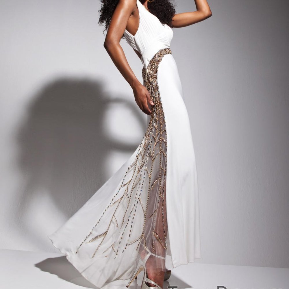 Tony Bowls White Gold Evening Prom Gown Size 10 - Picture 1 of 14